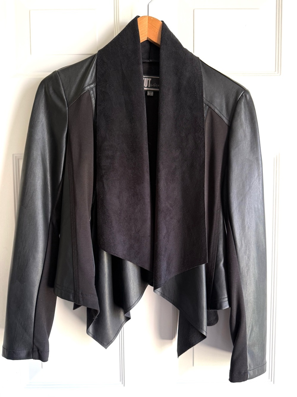 Kut from the Kloth Black Faux Leather Waterfall Jacket Size Small